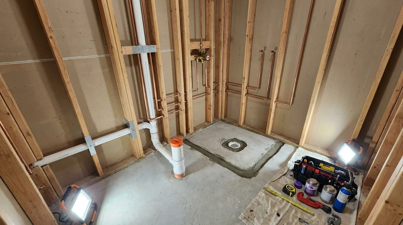 Bathroom rough-in plumbing during remodel by Johns Plumbing LLC in Zachary