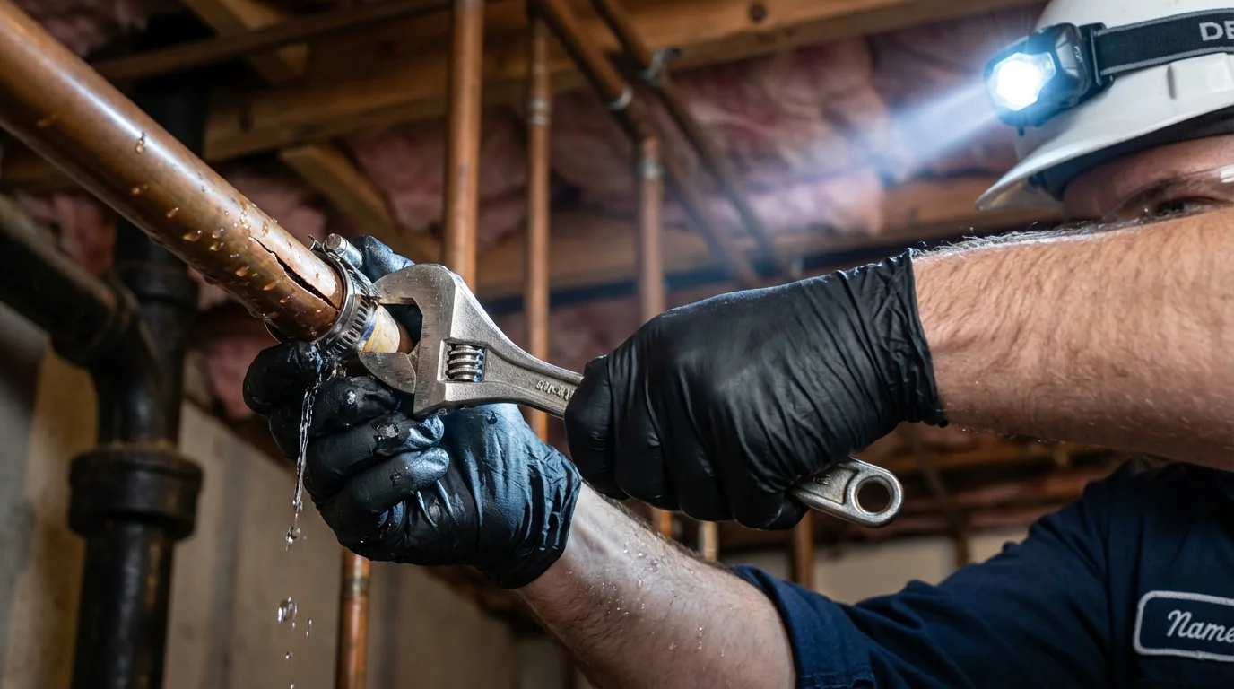 Emergency pipe clamp repair being performed by a Johns Plumbing LLC plumber in Zachary