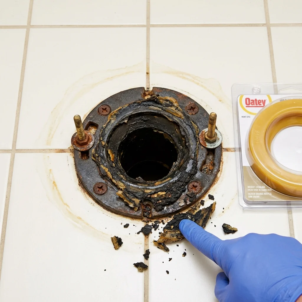 Failed wax ring showing water seepage at the base of a toilet in a Zachary, LA home