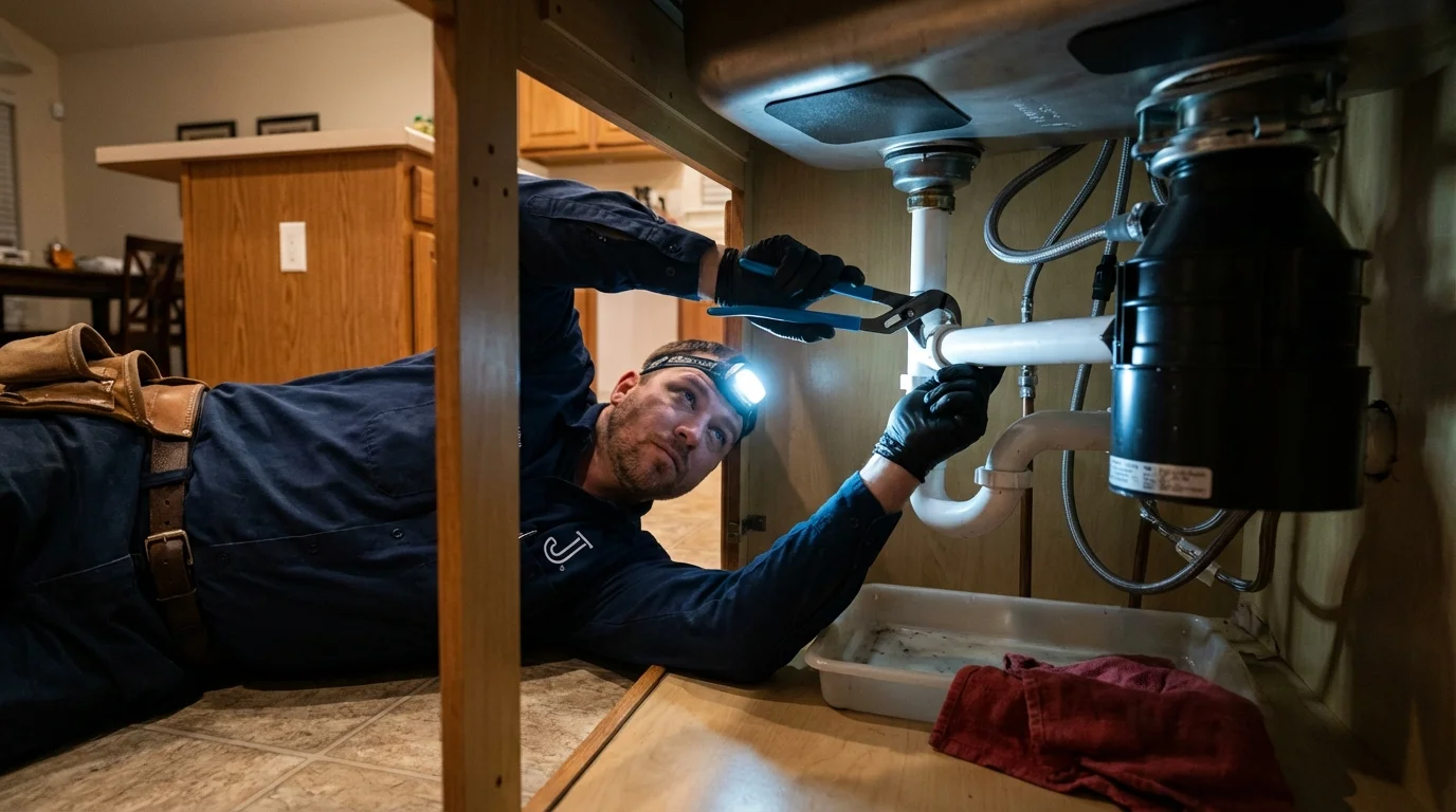 P-trap and supply line connections under a kitchen sink showing a common leak point in Zachary, LA